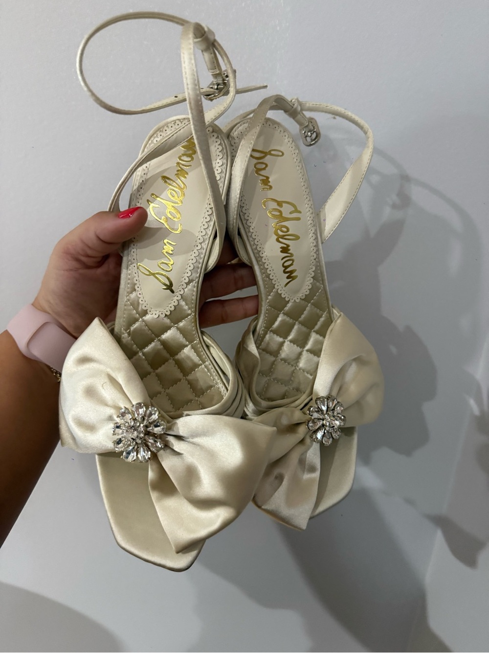 Sam Edelman Ivory Satin Bow Slingback Heels with Crystal Accent